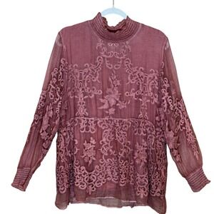 Soft Surroundings Silk Blouse Dusty Rose Petite Large Mock Neck Embroidered